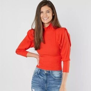 Free People Women Red Ribbed Mock Neck Puff Shoulder Long Sleeve Top Size S